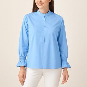 Chico’s No-Iron Chic Stretch Button Blouse Blue Stripe Ruffle Cuff Size 2 (12/L)